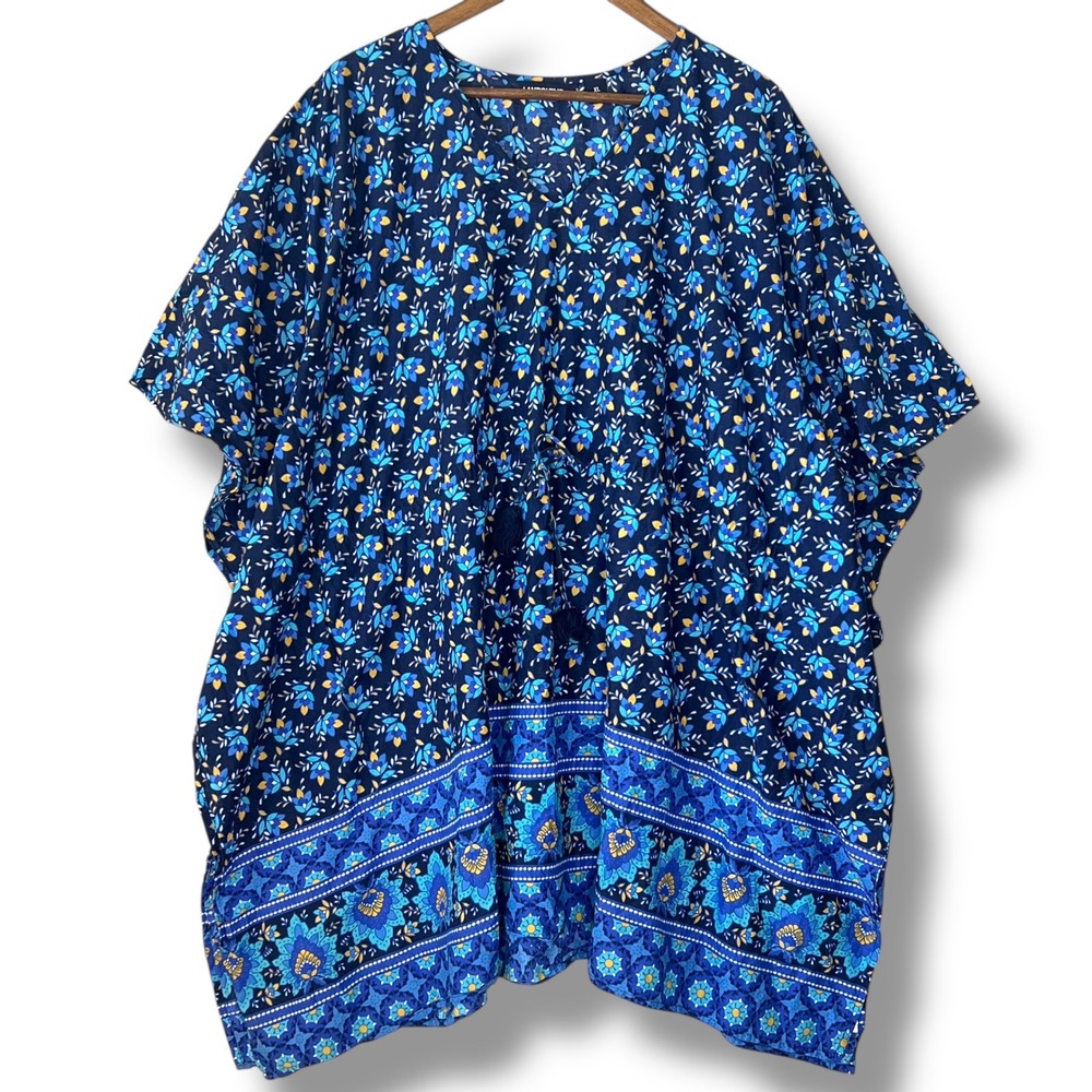 Lands'‎ End Deep Sea XL Blue Floral Kaftan Cover Up Cotton Drawcord Waist Tassel